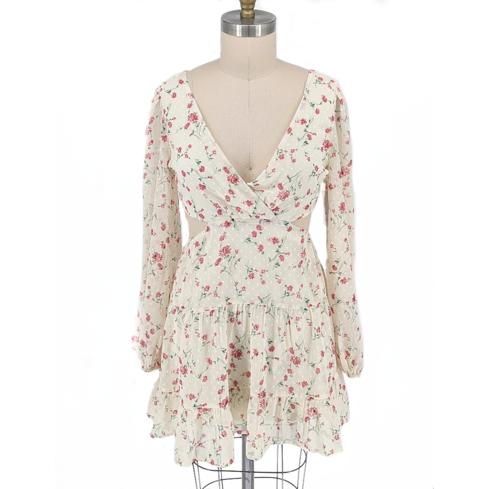 Lulus Floral Cutout Back Mini Dress Cream Red L cottagecore summer prairiecore